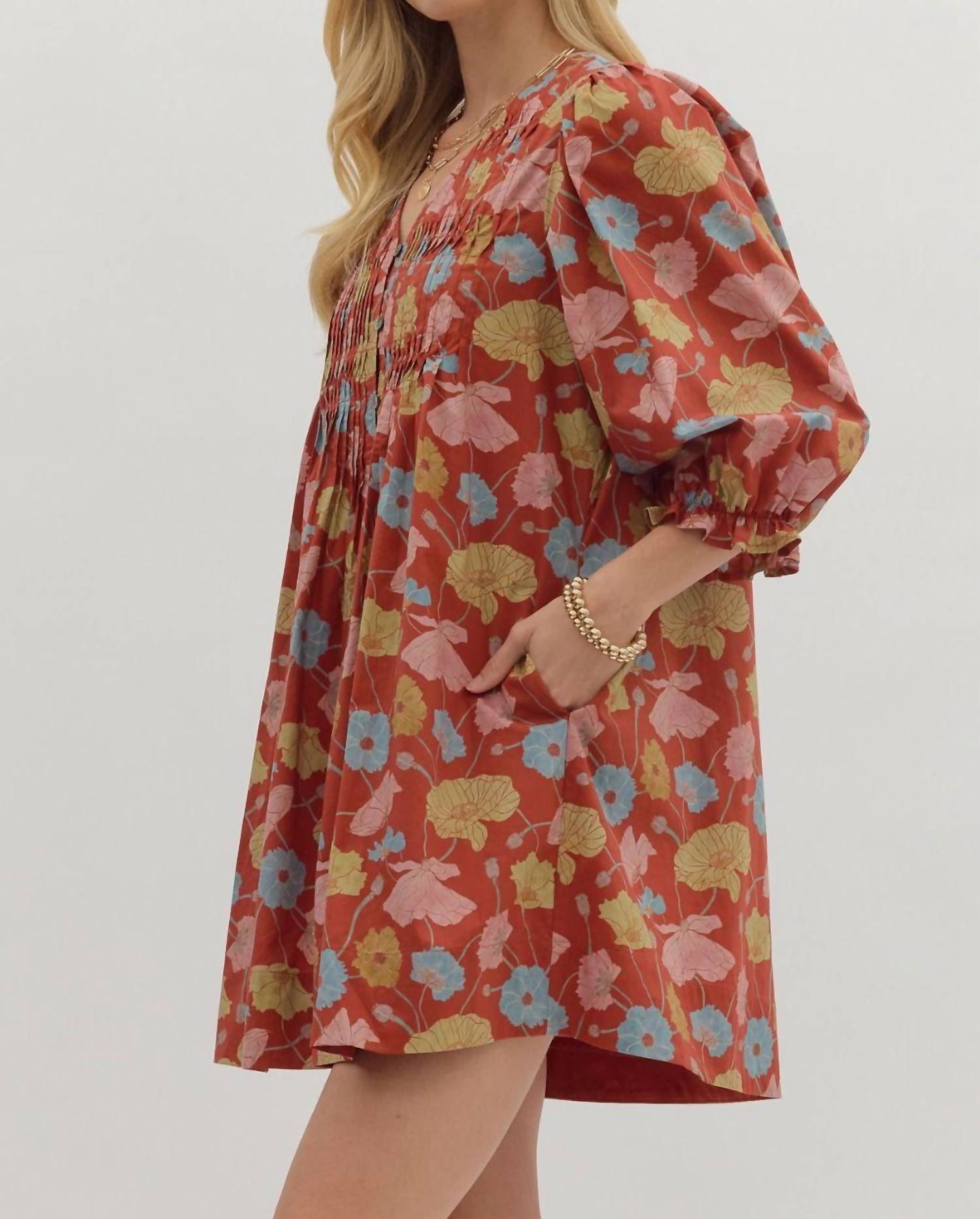 knee length dresses for ladies Entro D28634 Brick Floral Watercolor Mini (L)