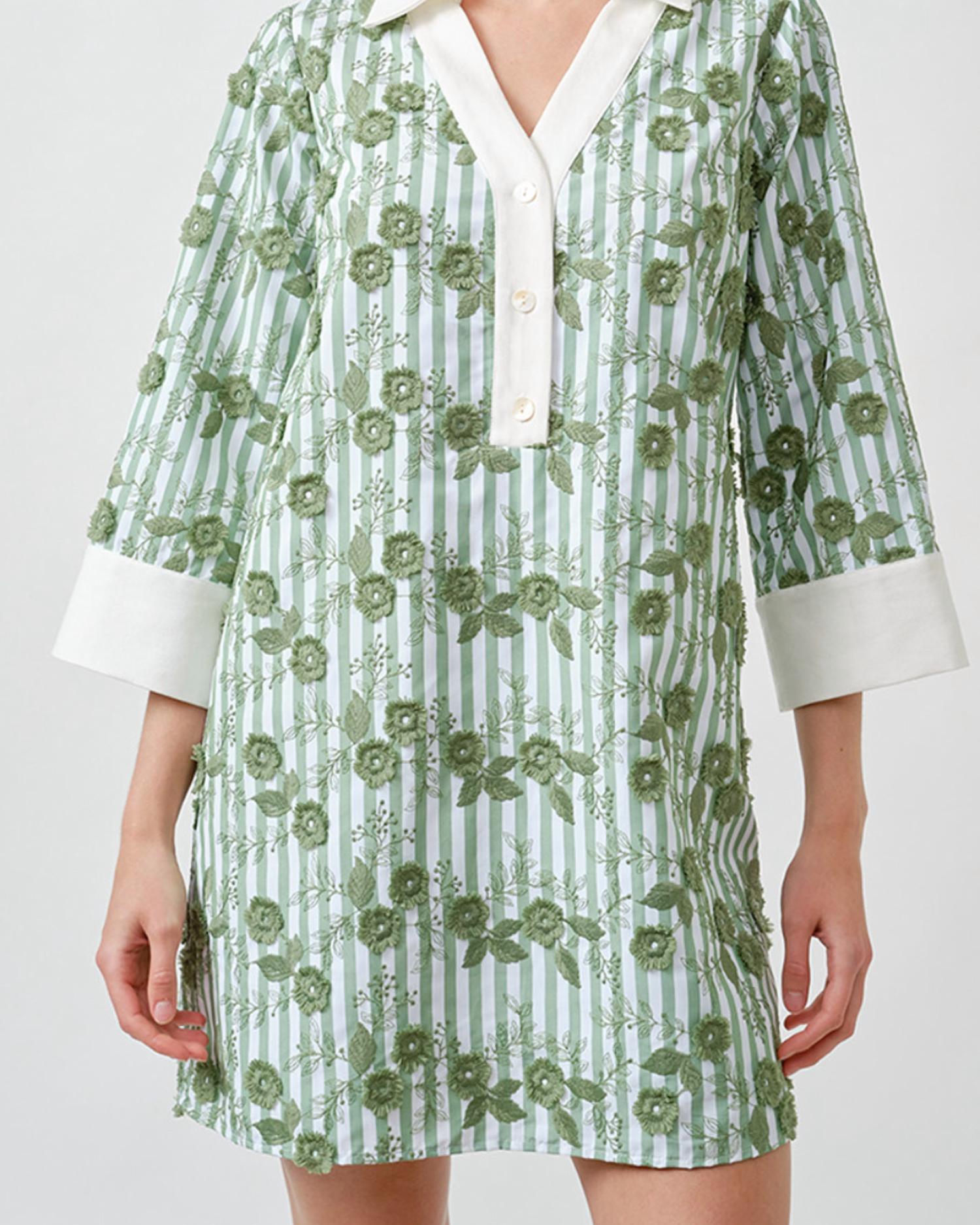 Maude Club Women's Flower Embroidered Stripe Mini Tunic Dress in mint green - women's dress - detail view