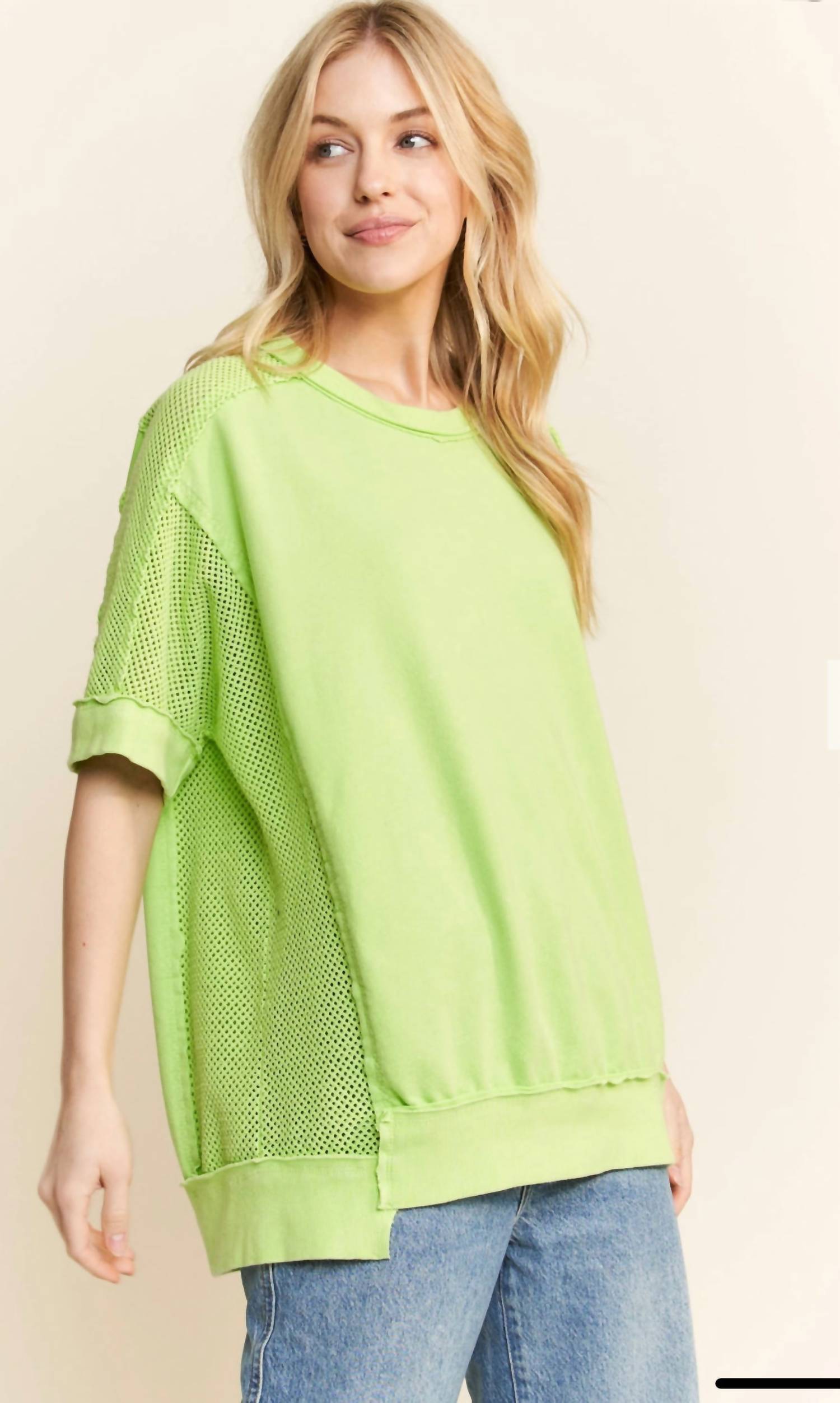 J. Her Women's Mesh Top in acid lime - women's shirt - alternate view