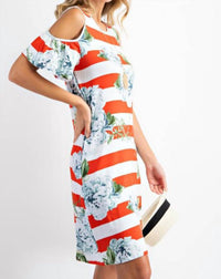 143 Story - Bold Stripe Floral Cold Shoulder Dress