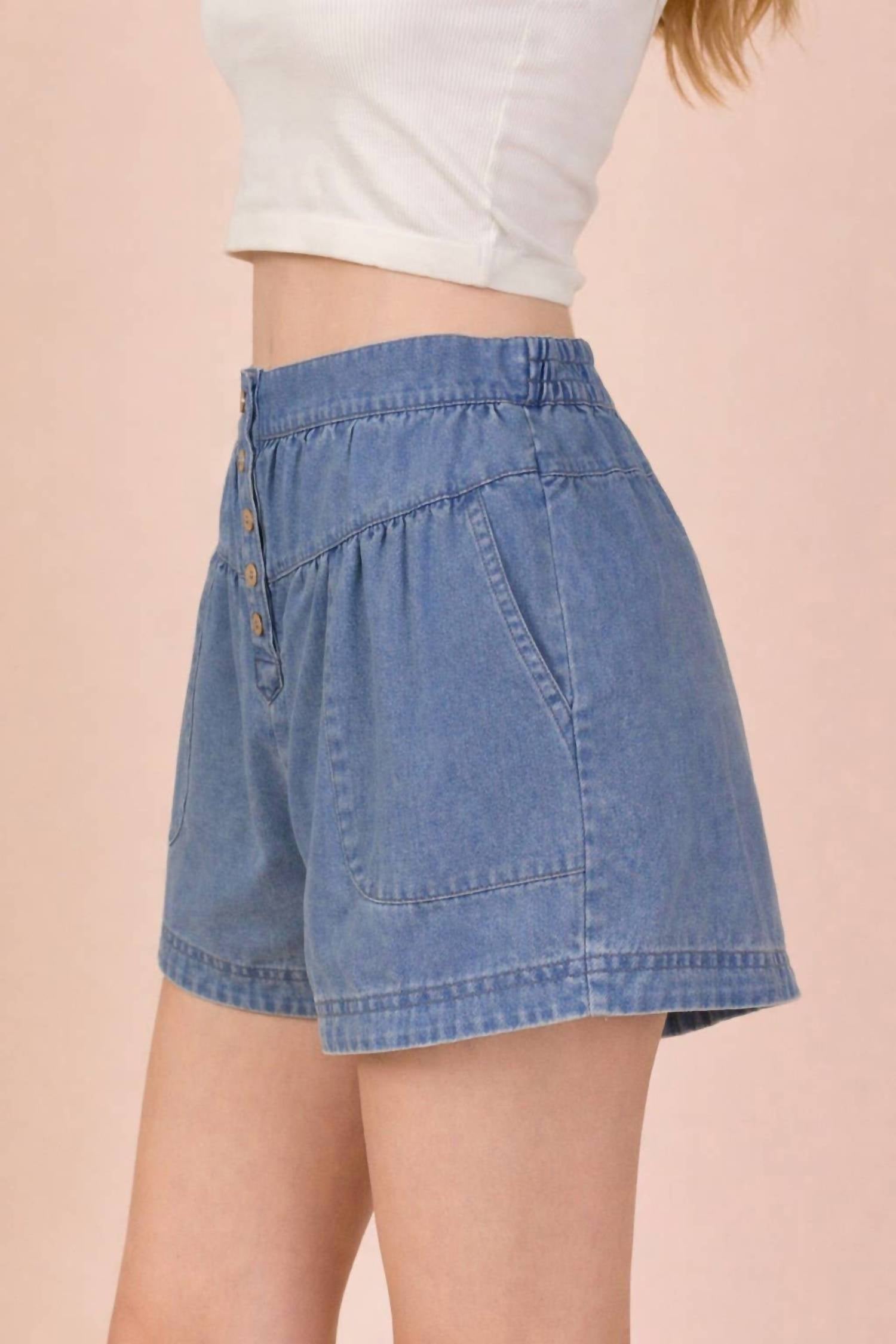VERY J Button Down Jean Shorts in mineral washed chambray - women's shorts - alternate view
