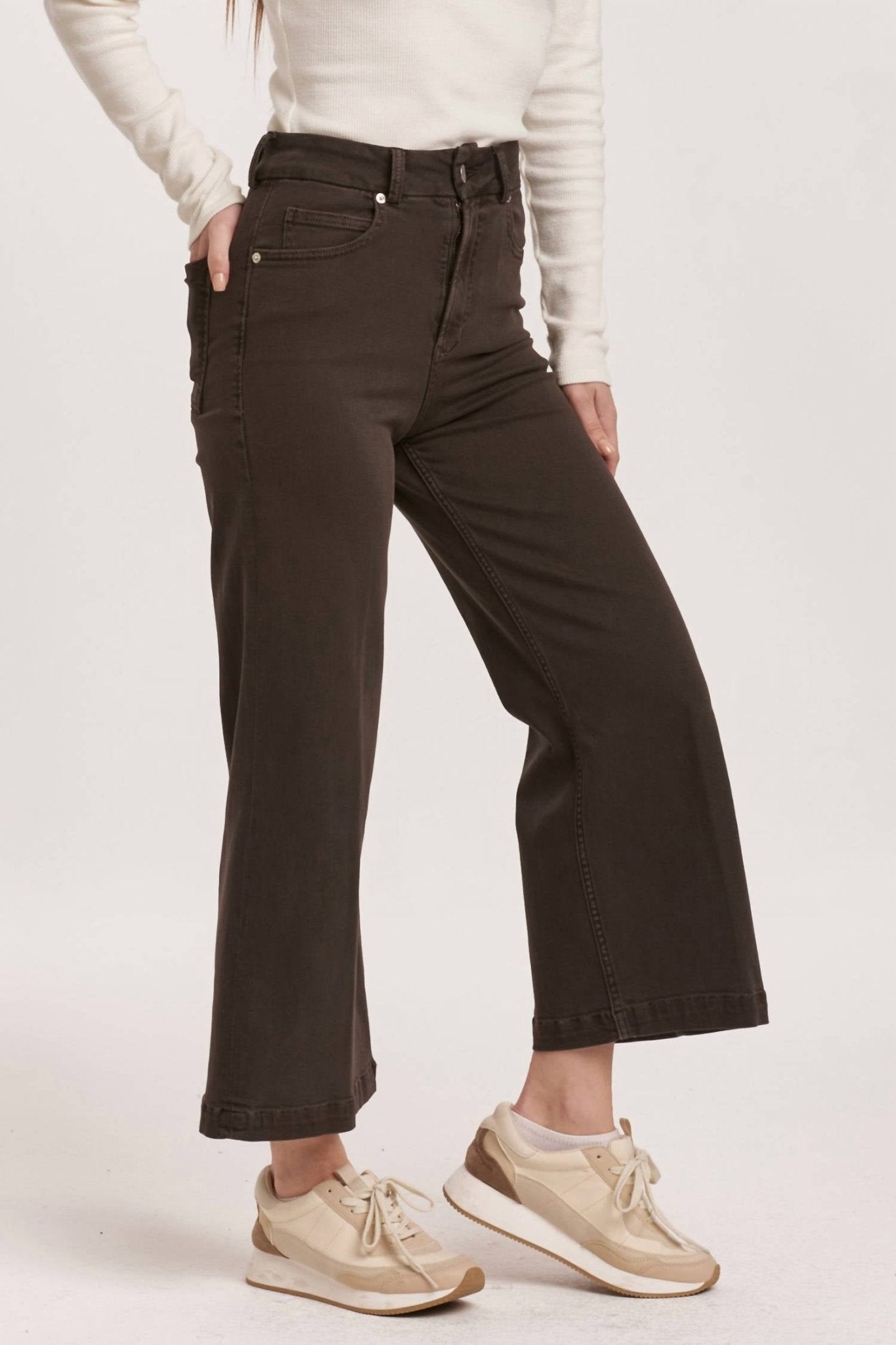 Dear John Denim - Audrey Super High Rise Cropped Wide Leg Jeans - brown - clothing - cotton - blend
