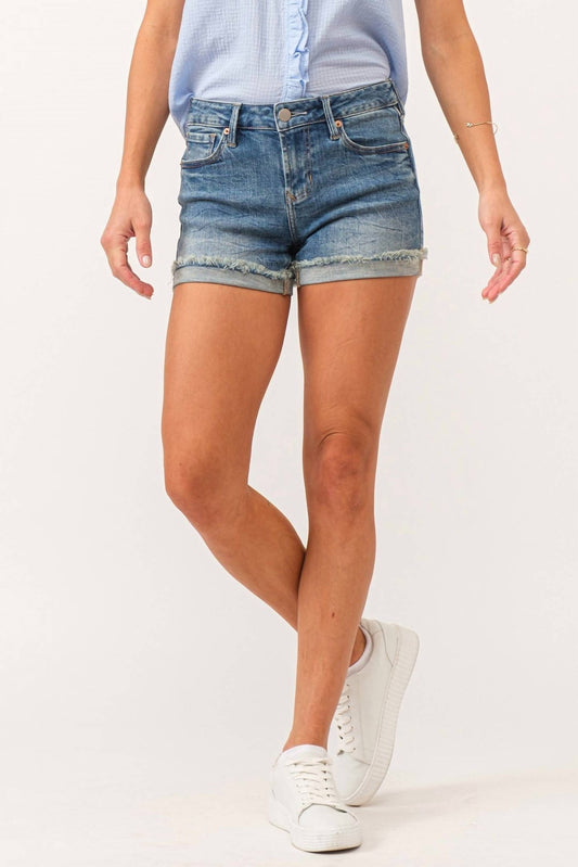 Dear John Denim - Ava Mid Rise Cuffed Shorts - blue - clothing - cotton - blend