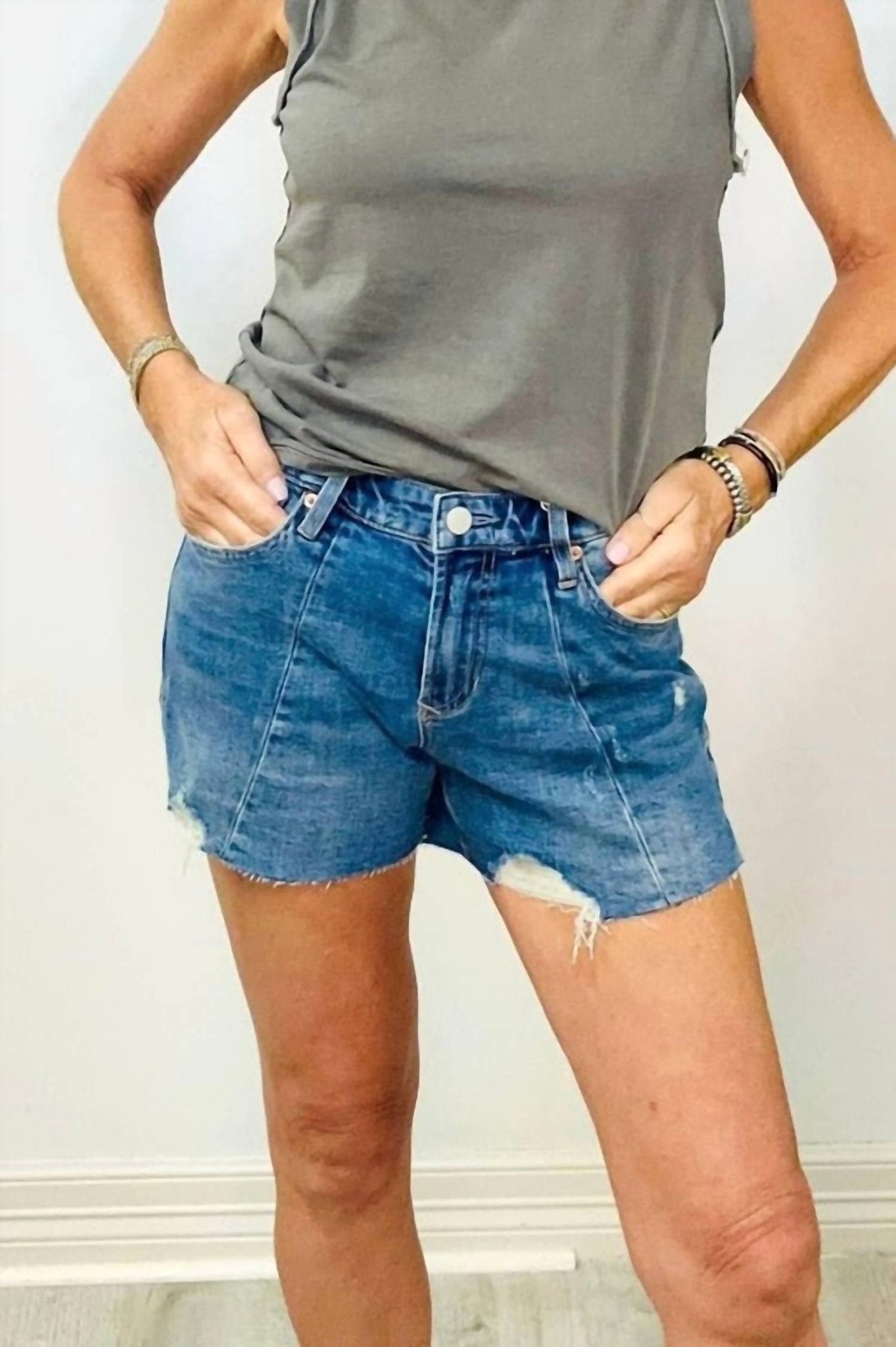 Dear John Denim - Gigi Mid Rise Frayed Hem Shorts - blue - clothing - denim