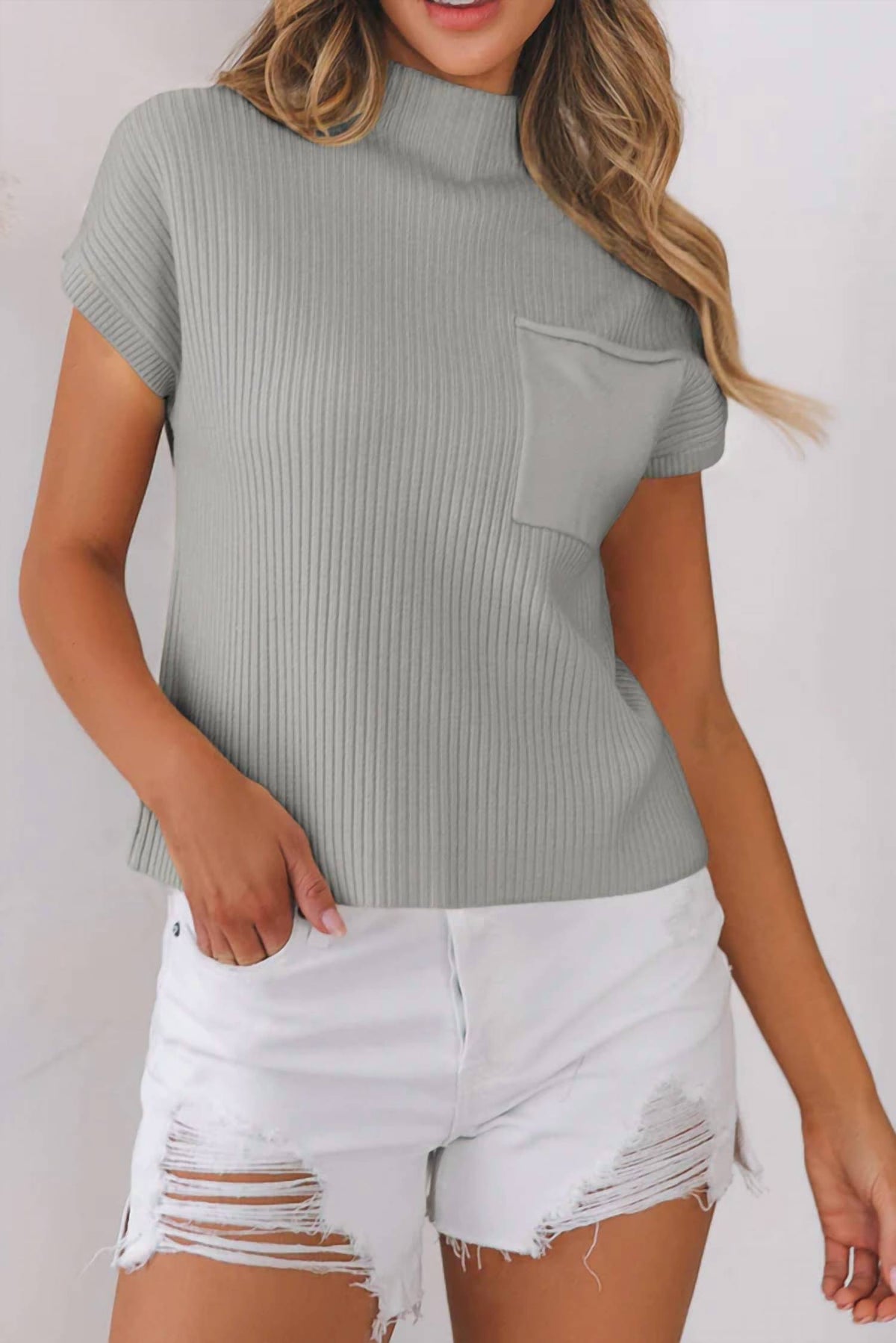 Dear Lover - Patch Pocket Ribbed Knit Short Sleeve Sweater