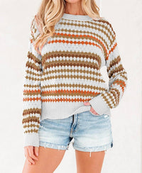 Dear Lover - Stripe Eyelet Patterned Drop Shoulder Sweater
