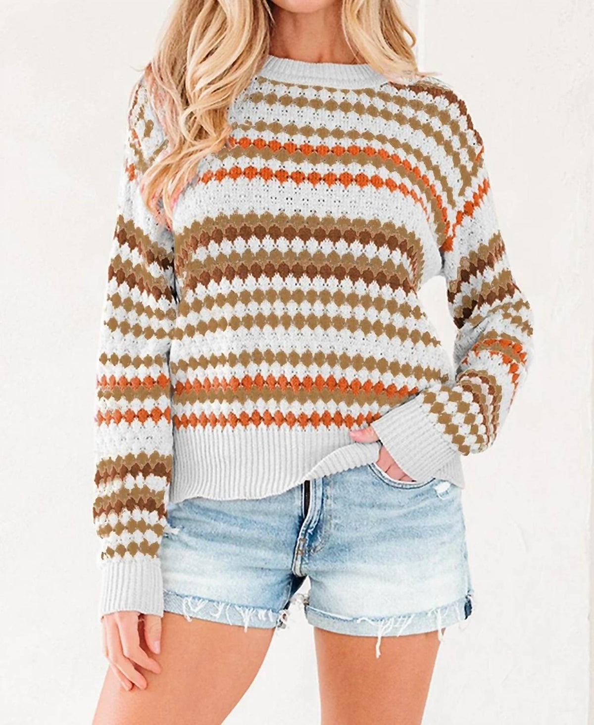 Dear Lover - Stripe Eyelet Patterned Drop Shoulder Sweater