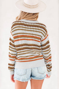 Dear Lover - Stripe Eyelet Patterned Drop Shoulder Sweater