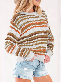 Dear Lover - Stripe Eyelet Patterned Drop Shoulder Sweater