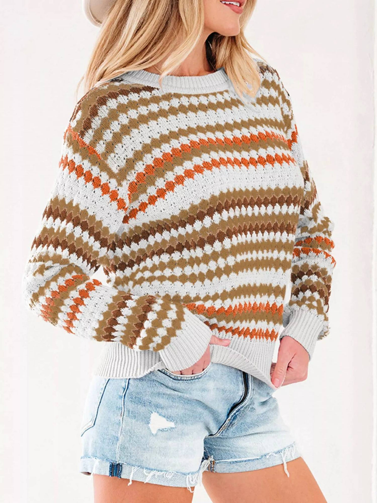 Dear Lover - Stripe Eyelet Patterned Drop Shoulder Sweater