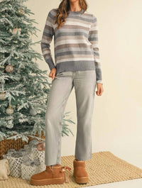 Dear Lover - Striped Ribbed Edge Round Neck Sweater
