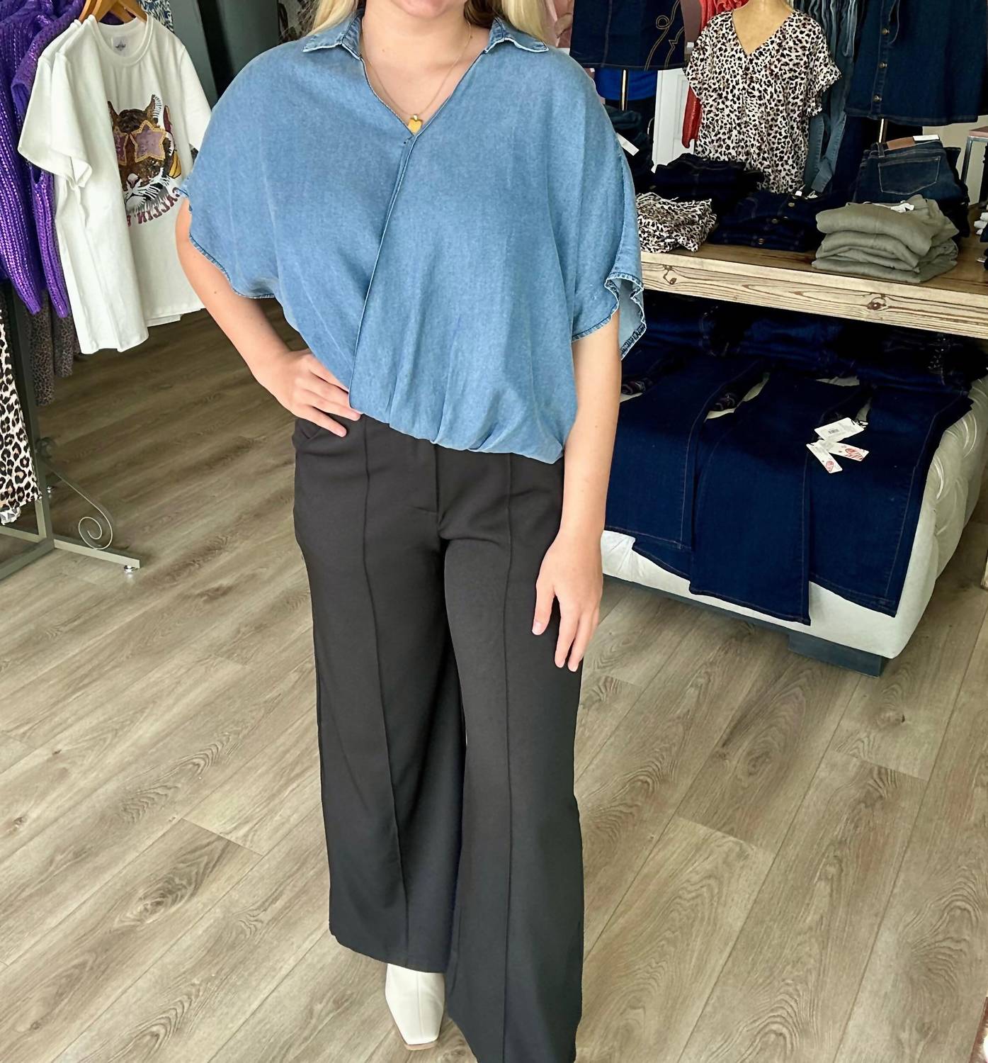 She + Sky - Wide Leg Woven Pants With Pintuck And Pockets
