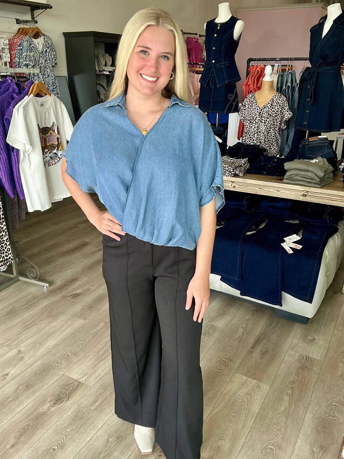 She + Sky - Wide Leg Woven Pants With Pintuck And Pockets