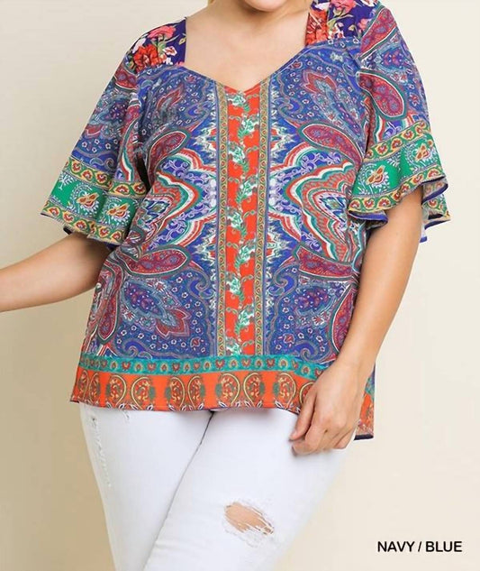 Paisley Scarf Print Bell Sleeve Plus Blouse