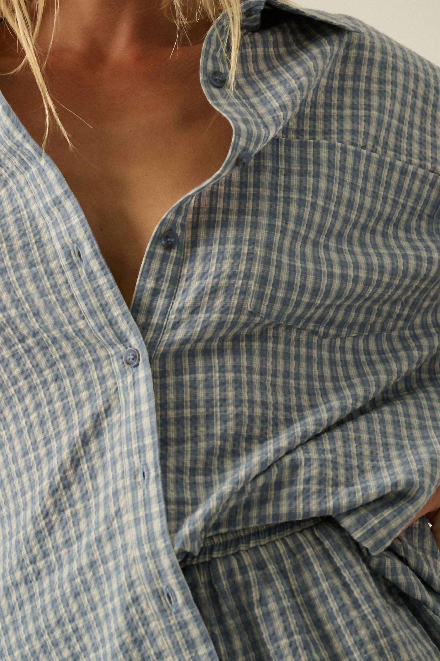 PROMESA Plaid Textured Seersucker Oversize Button-up Pocket Shirt in chambray - women's shirt - view 6