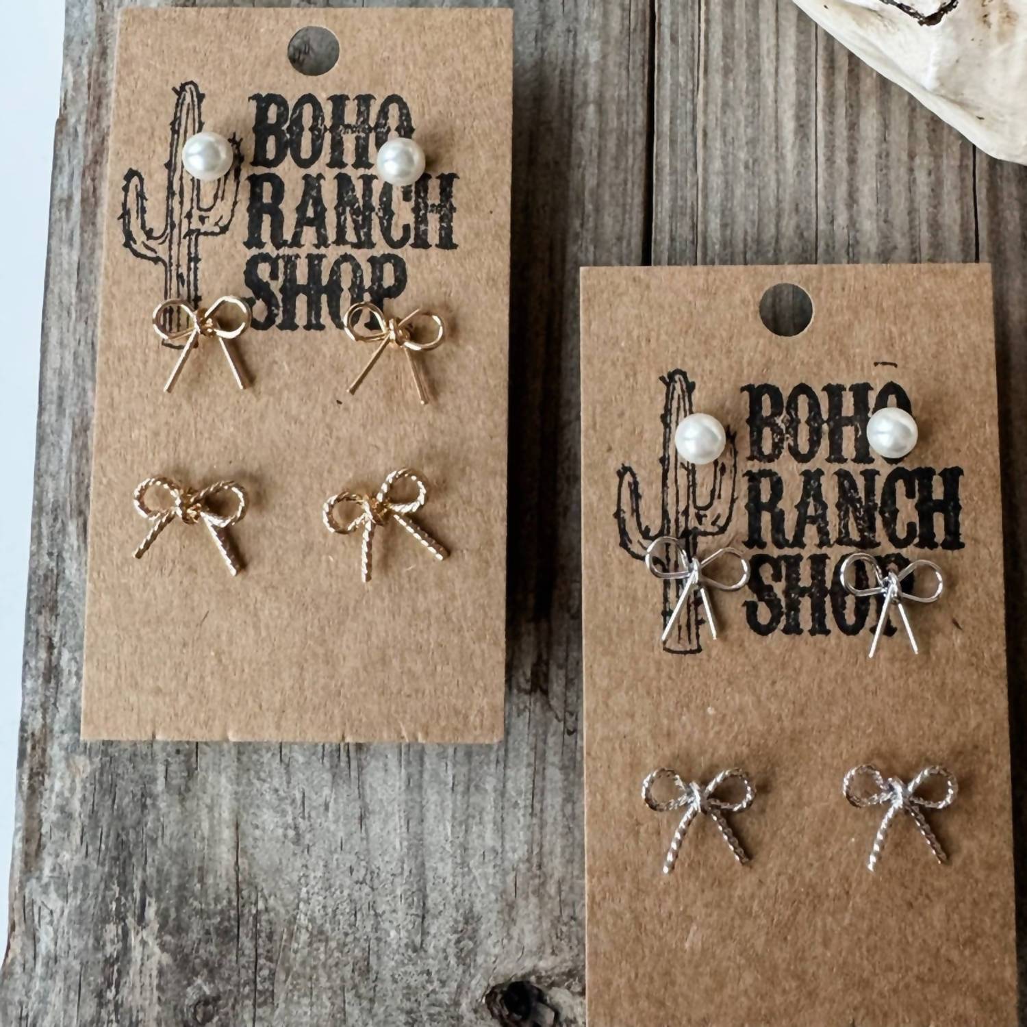 Boho Ranch Women's Coquette Bow & Pearl Stud Earring Set in silver - women's jewelry