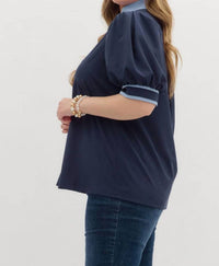 entro Two Color Puff Sleeve Top in navy - women's blouse - alternate view