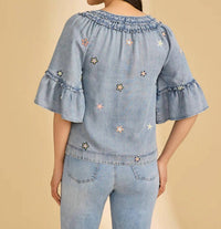 FDJ Ruffle Denim Blouse in blue - women's blouse - detail view