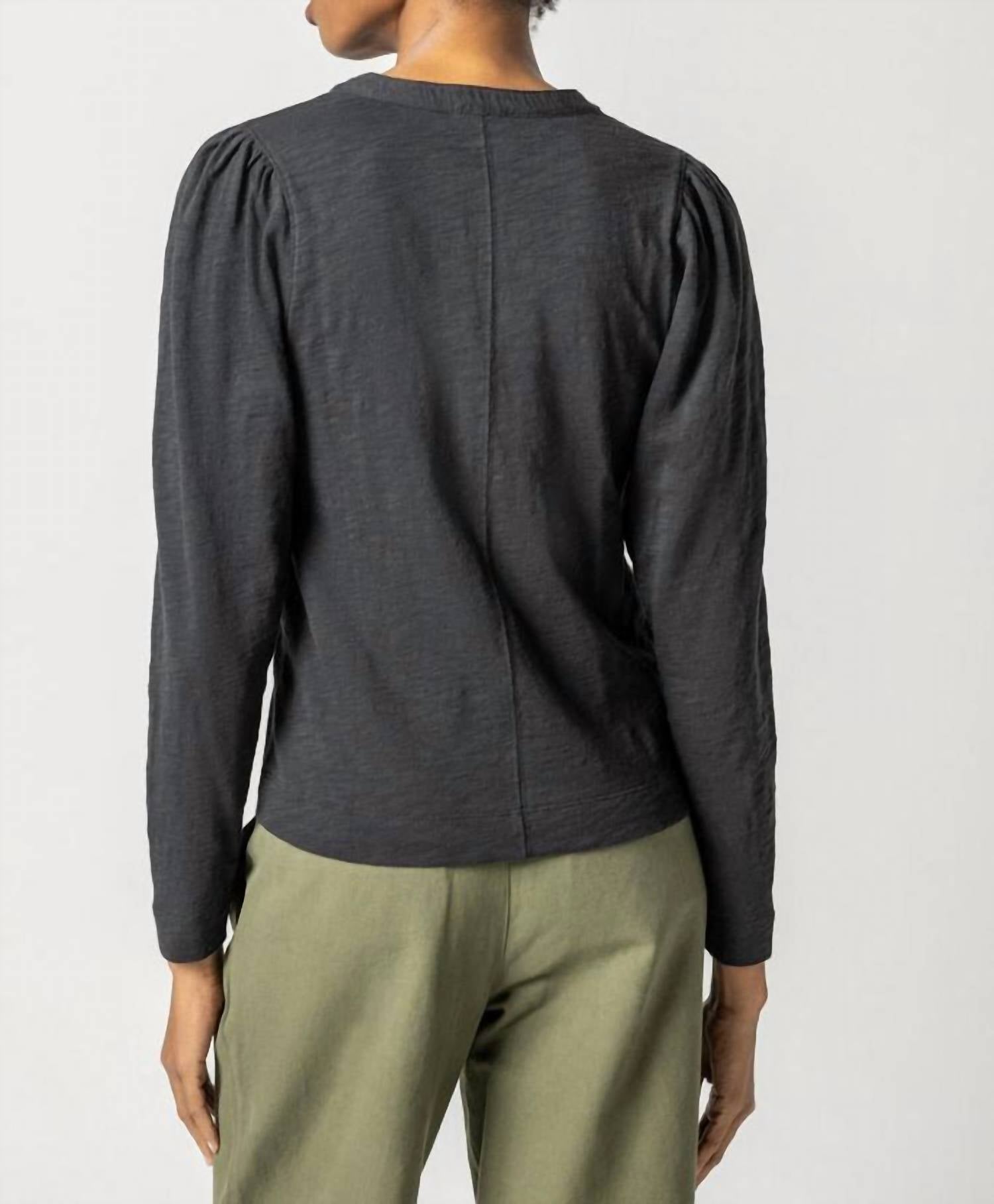 Lilla P - Shirred Long Sleeve Split Neck Top
