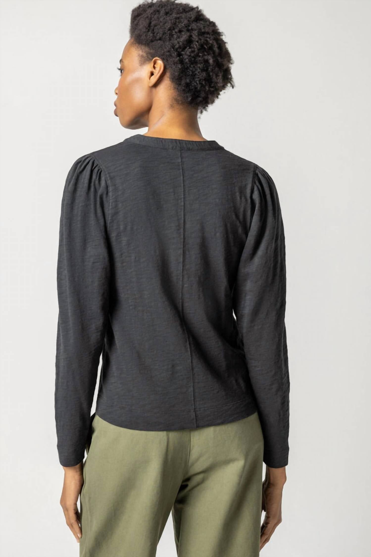 Lilla P - Shirred Long Sleeve Split Neck Top