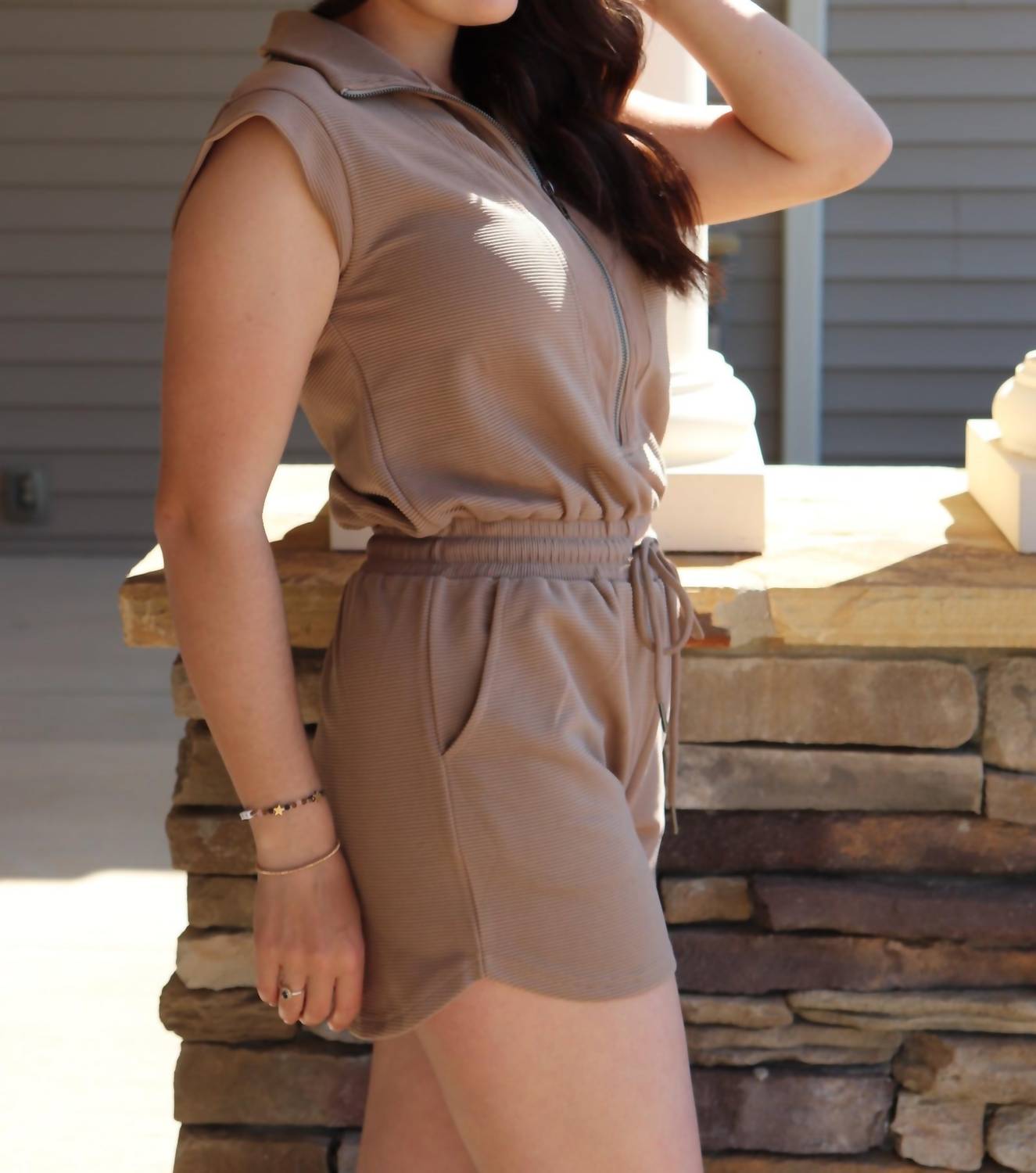 Little Daisy Closet - Women's Ribbed Drawstring Romper