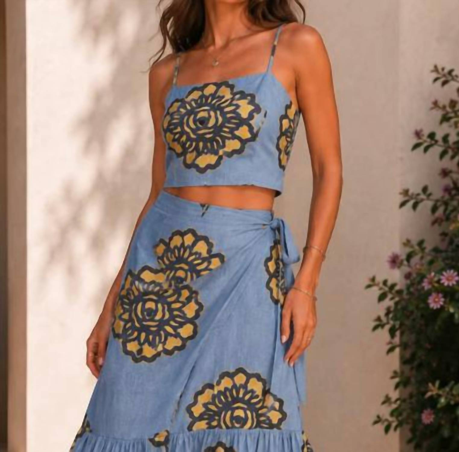 Mystery Resort - Azure Bloom Tie Top Maxi Skirt Set
