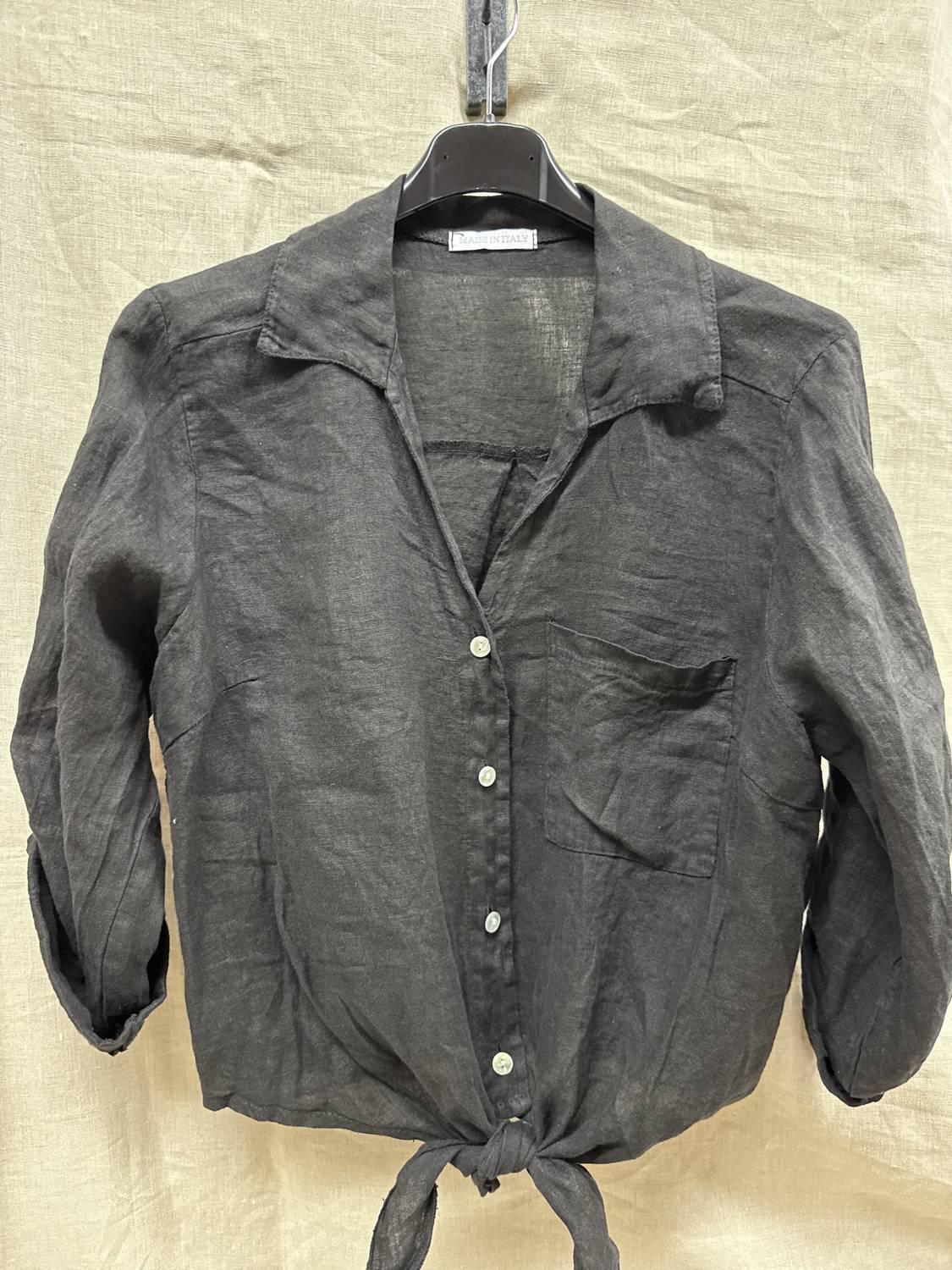 Made in Italy Women's Linen Tie Front Blouse in italy women s linen tie front blouse in black - women's blouse