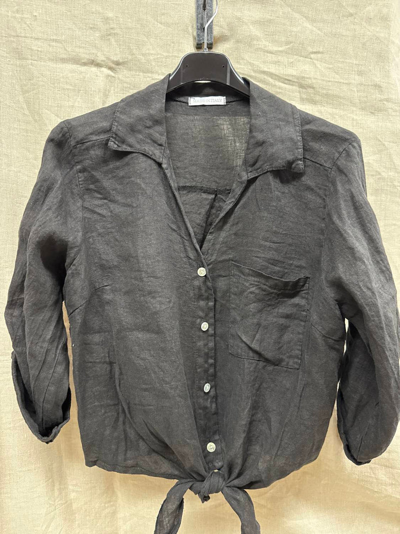 Made in Italy Women's Linen Tie Front Blouse in italy women s linen tie front blouse in black - women's blouse