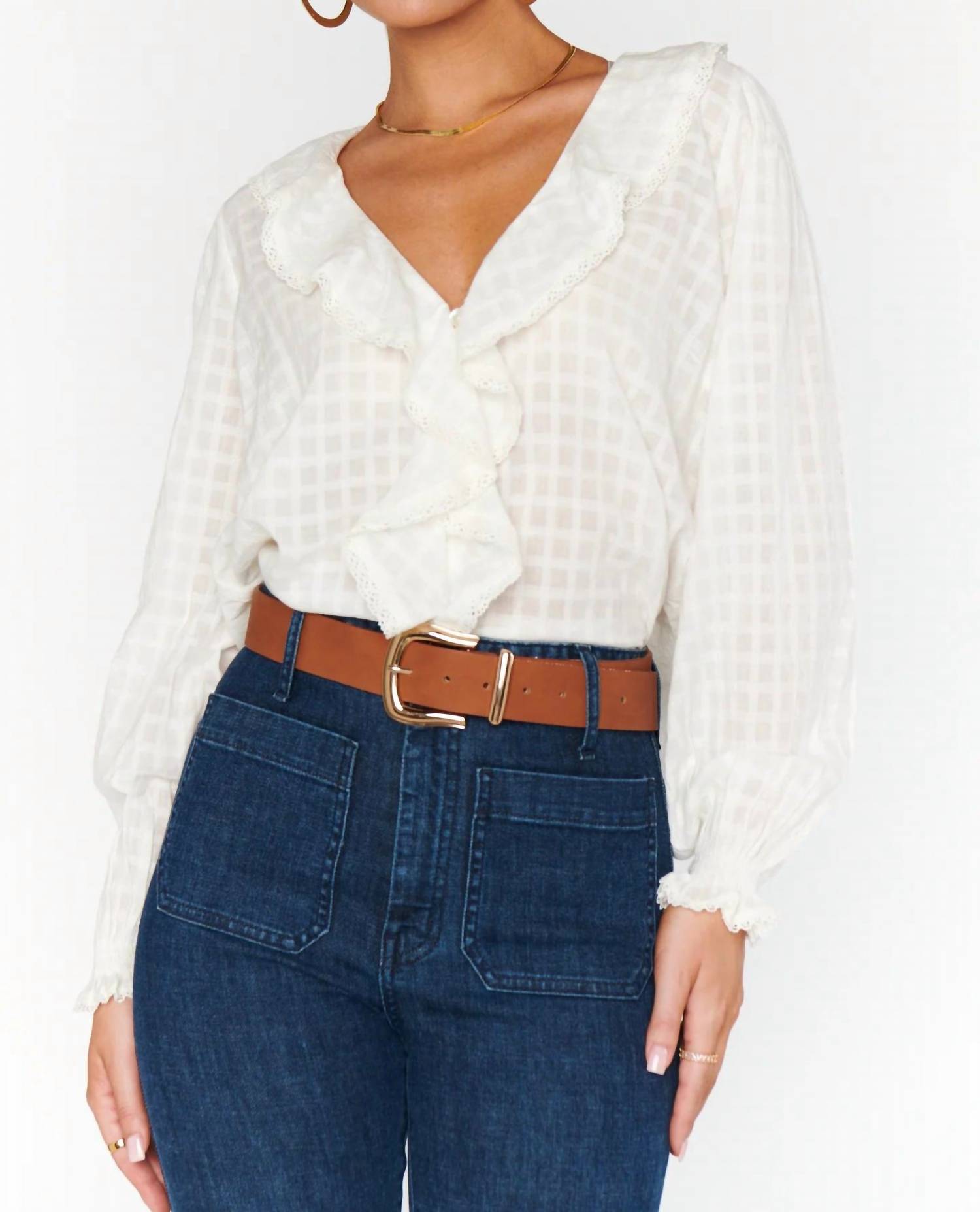 Show Me Your Mumu Lydia Ruffle Top in white cotton voile - women's long sleeve top