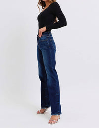 Judy Blue - Selena Mid Rise Straight Leg Jeans With Fray Hem