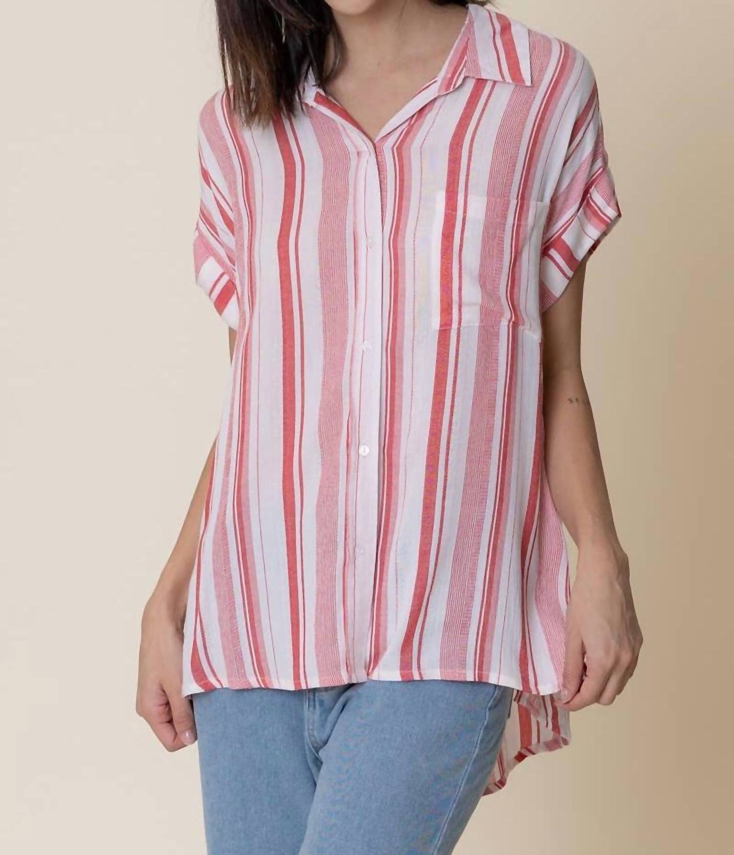 En Creme - Striped Short Sleeve Button Down Top
