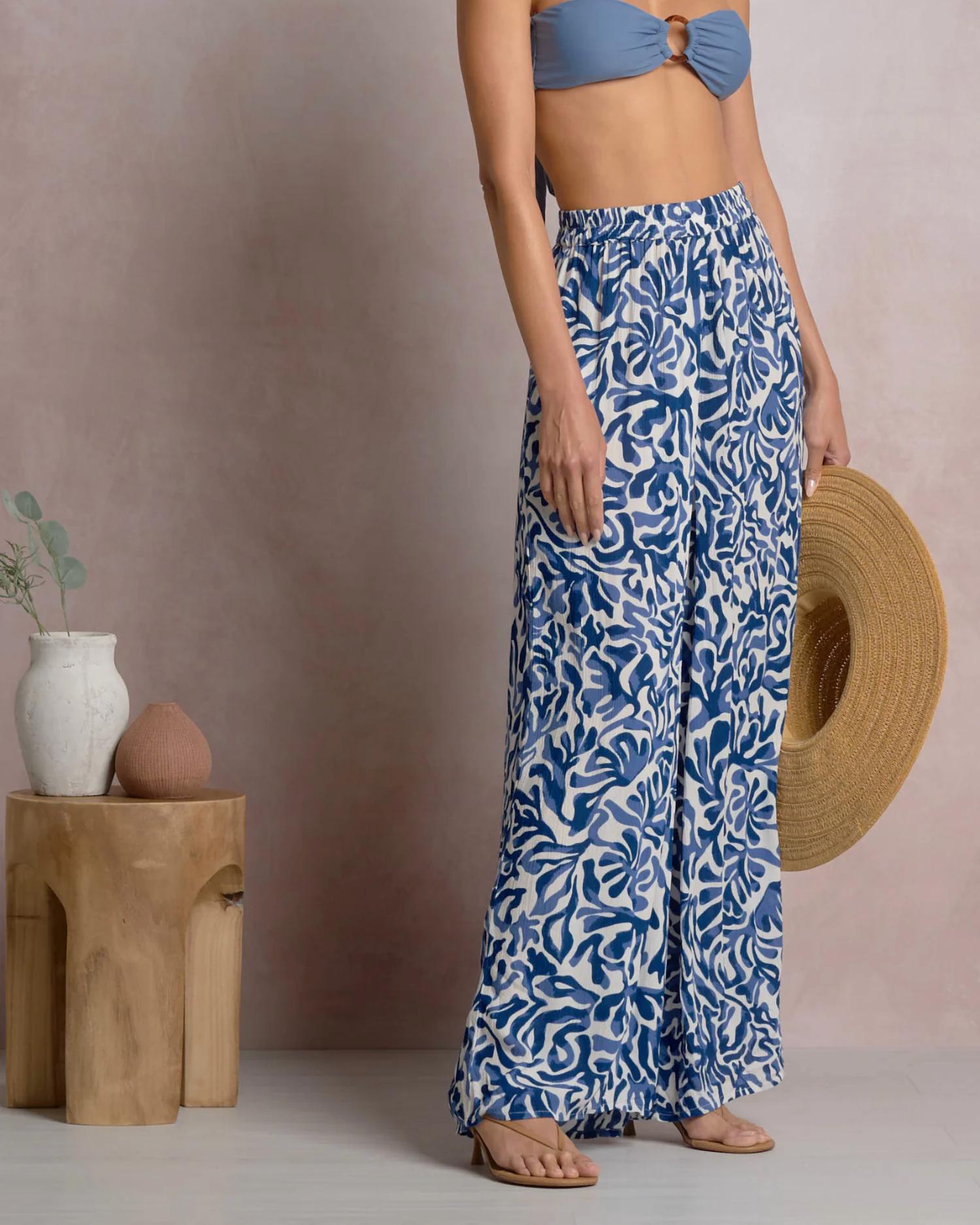 ELAN Wide Leg Flow Pant in blue coralina - women's pants - detail view
