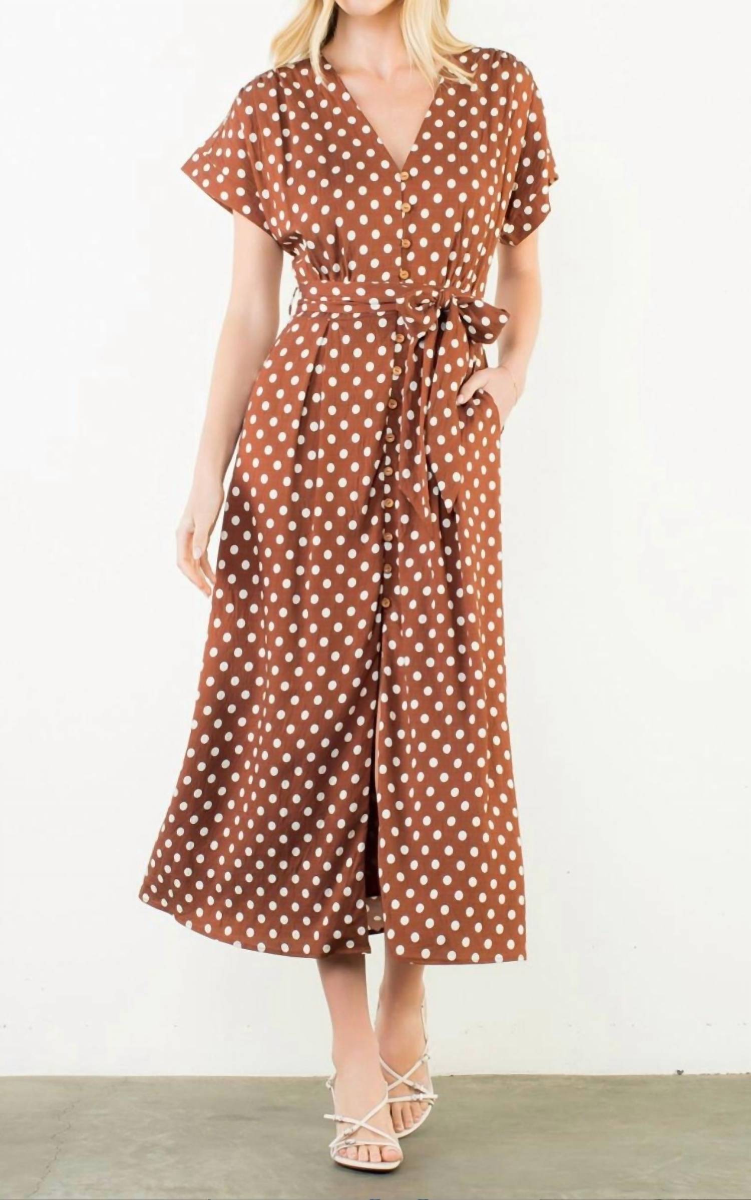 THML Short Sleeve Polka Dot Midi Dress in brown - women's dress - view 5