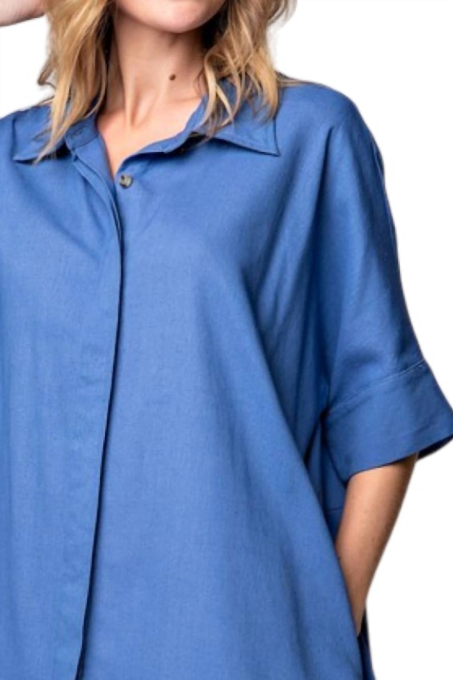 Easel Linen Shirt Tunic Dress - Plus in indigo - women's dress - detail view