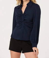 ASTR Simran Collared V-neck Ruched Top in navy - women's blouse - detail view