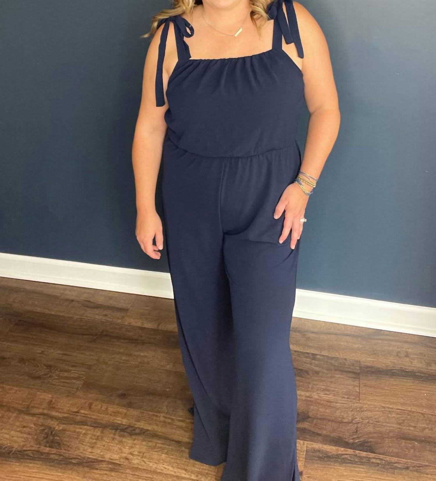 Tyche Tie Shoulder Jumpsuit in navy - women's pants