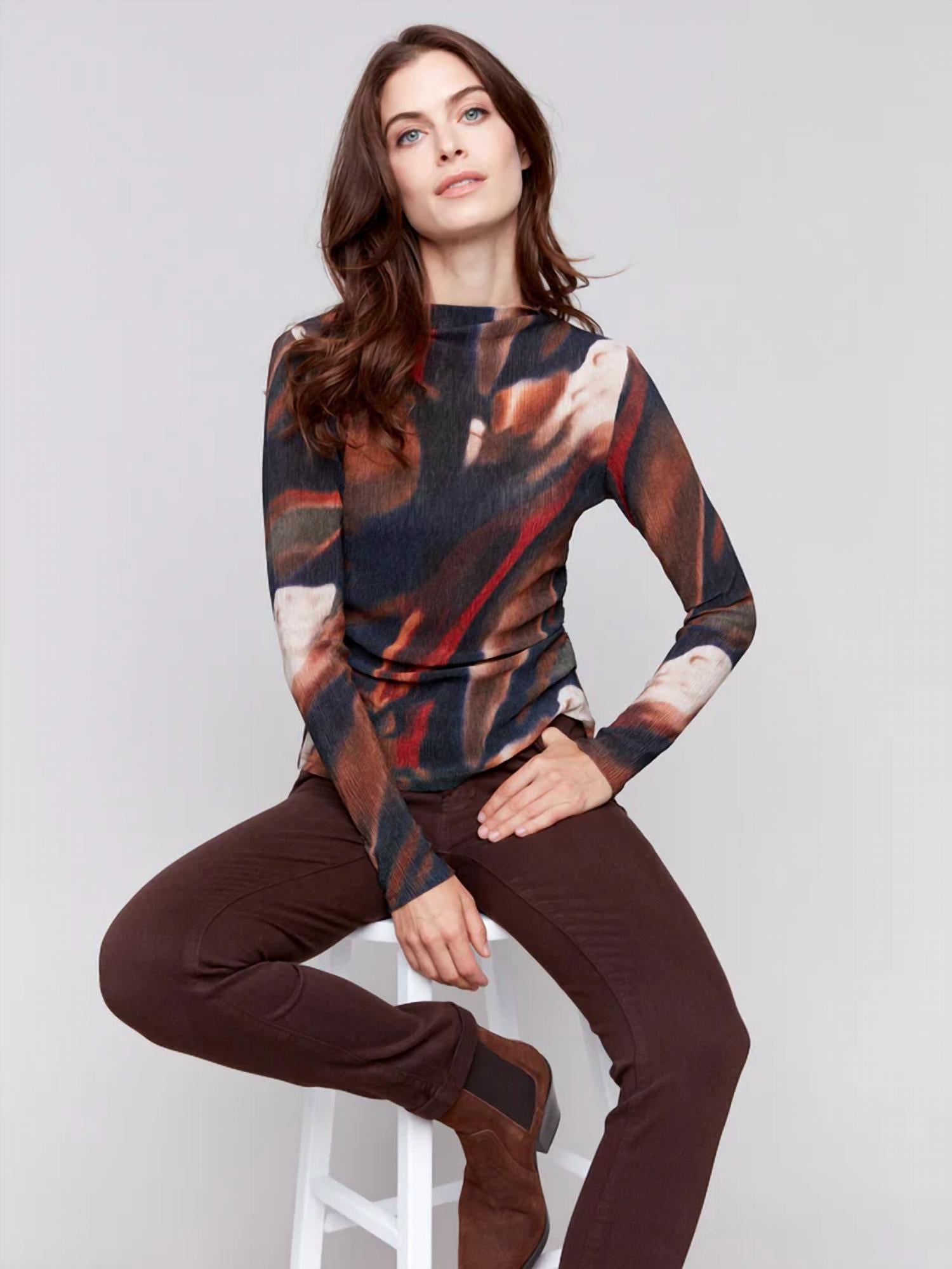 Charlie B - Printed Ruched Mock Neck Top