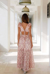 Lily Clothing - Cut Out Deep V Ruffled Floral Backless Dress