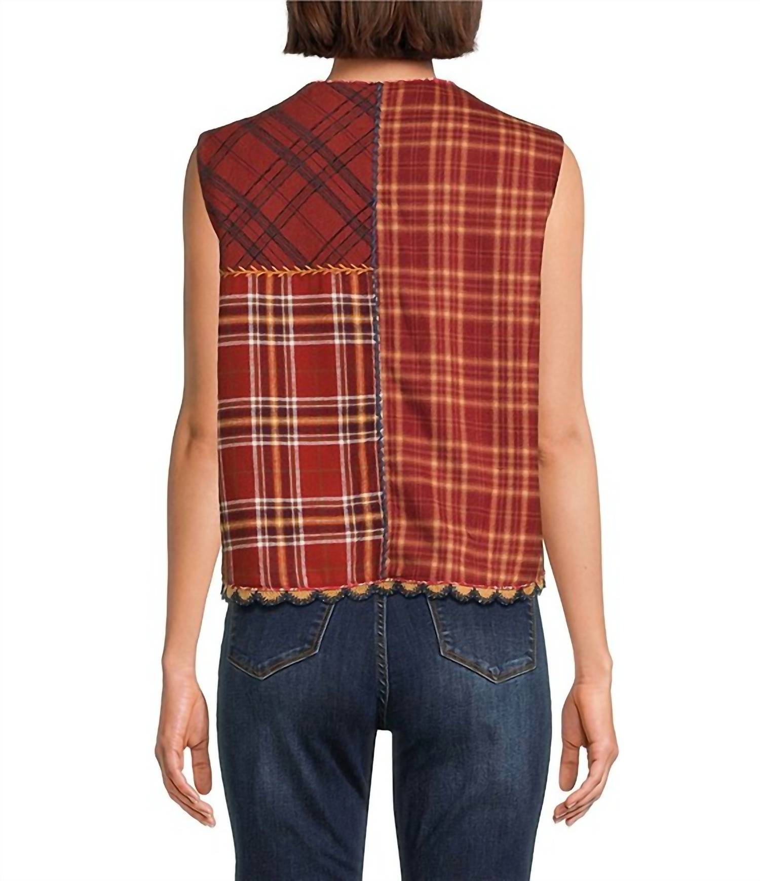 JOHN MARK Embroidered Velvet Beaded Floral Patchwork Vest in terracotta - women's jacket - detail view