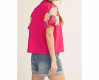 Jodifl Floral Embroidered Puff Sleeve Top in fuchsia - women's blouse - detail view