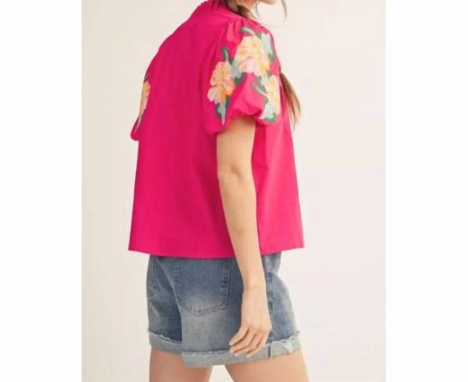 Jodifl Floral Embroidered Puff Sleeve Top in fuchsia - women's blouse - detail view