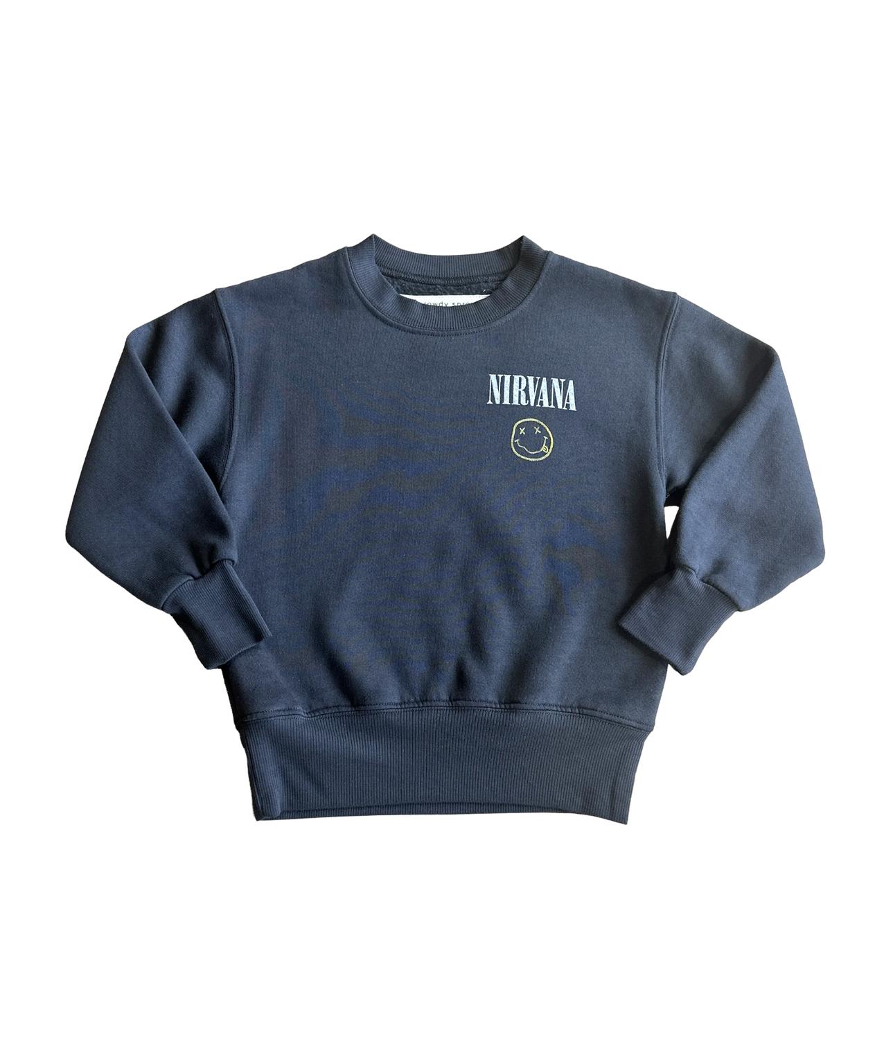 ROWDY SPROUT Girl's Nirvana Smiley Crew Sweatshirt in washed black - kids' shirt