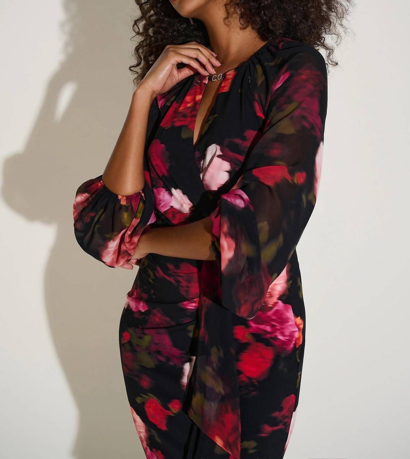 Joseph Ribkoff Floral Chiffon Puff Sleeve Sheath Dress in black multi - women's dress - alternate view