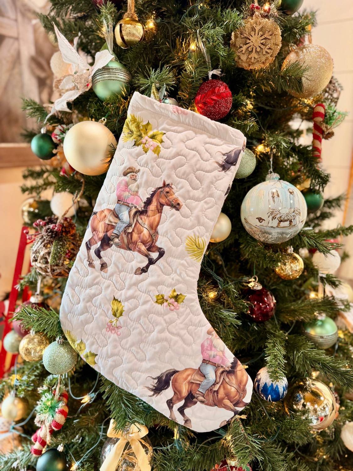 Ida Mae Home Cowboy Christmas Quilted Stocking in white - item