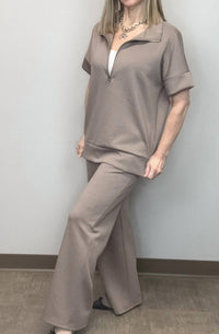 ZENANA Scuba High Neck Half Zip Top Pants Set in cocoa - women's sleepwear