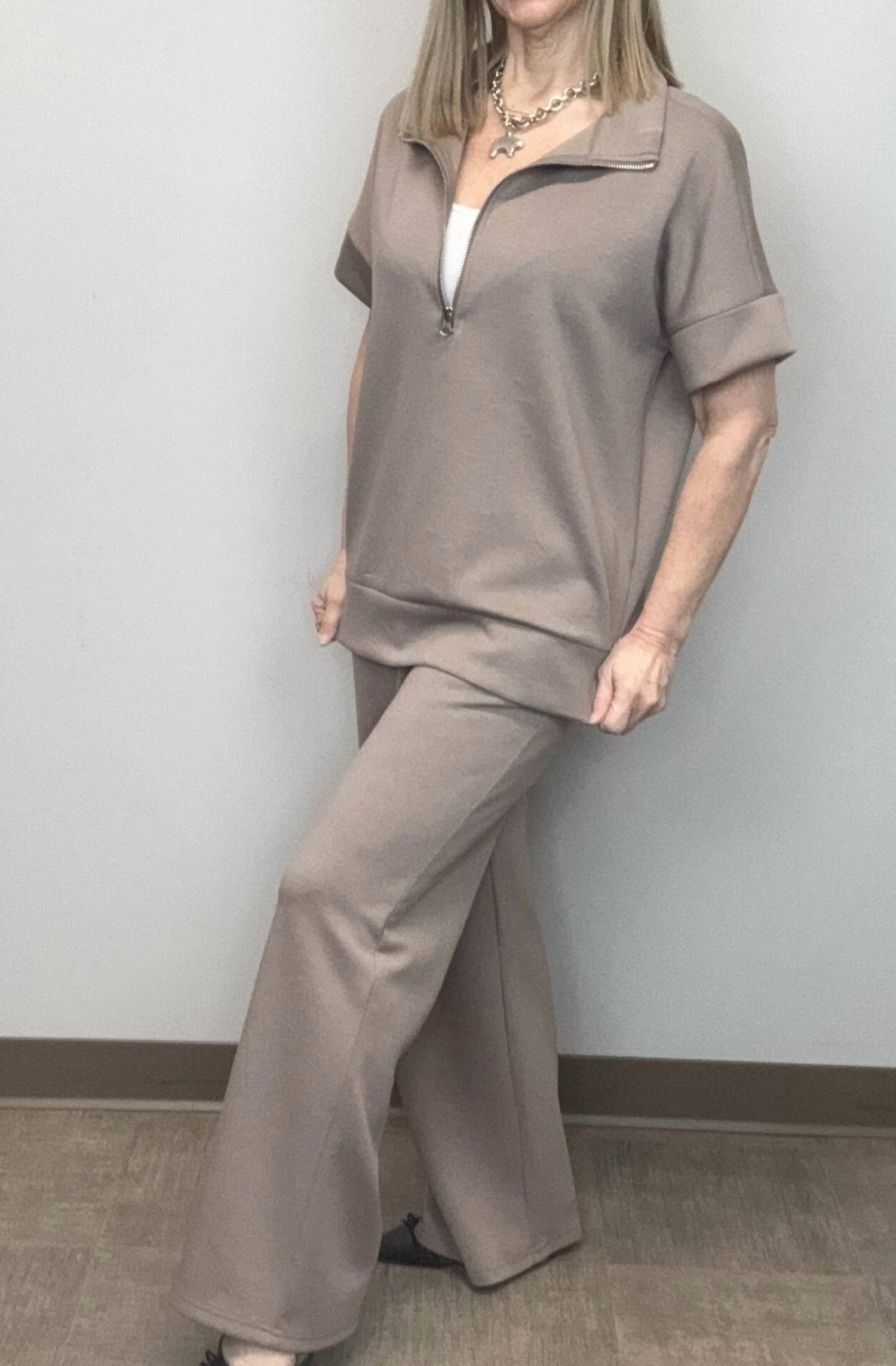 ZENANA Scuba High Neck Half Zip Top Pants Set in cocoa - women's sleepwear