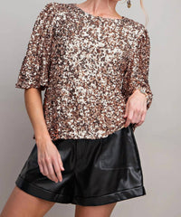 Easel - Flutter Sleeve All Over Sequin Top