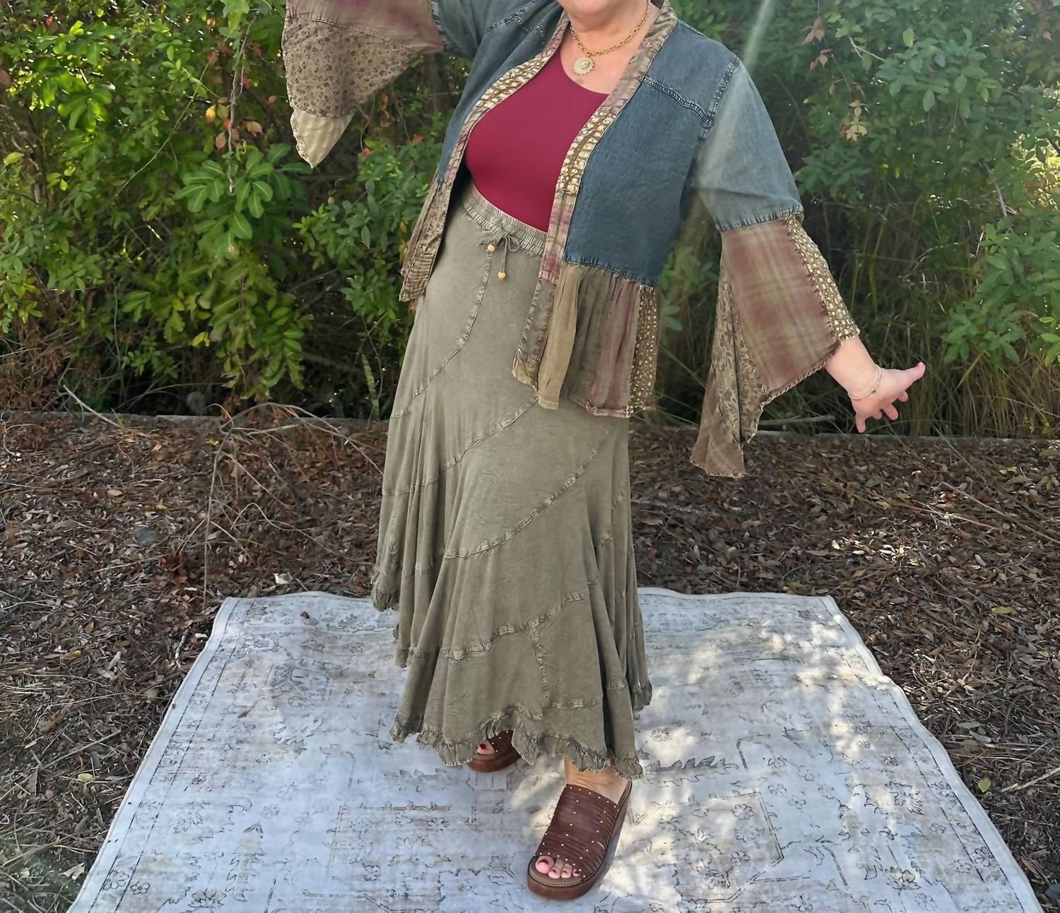 Young Threads - Bell Sleeve Patchwork Denim Kimono Shrug