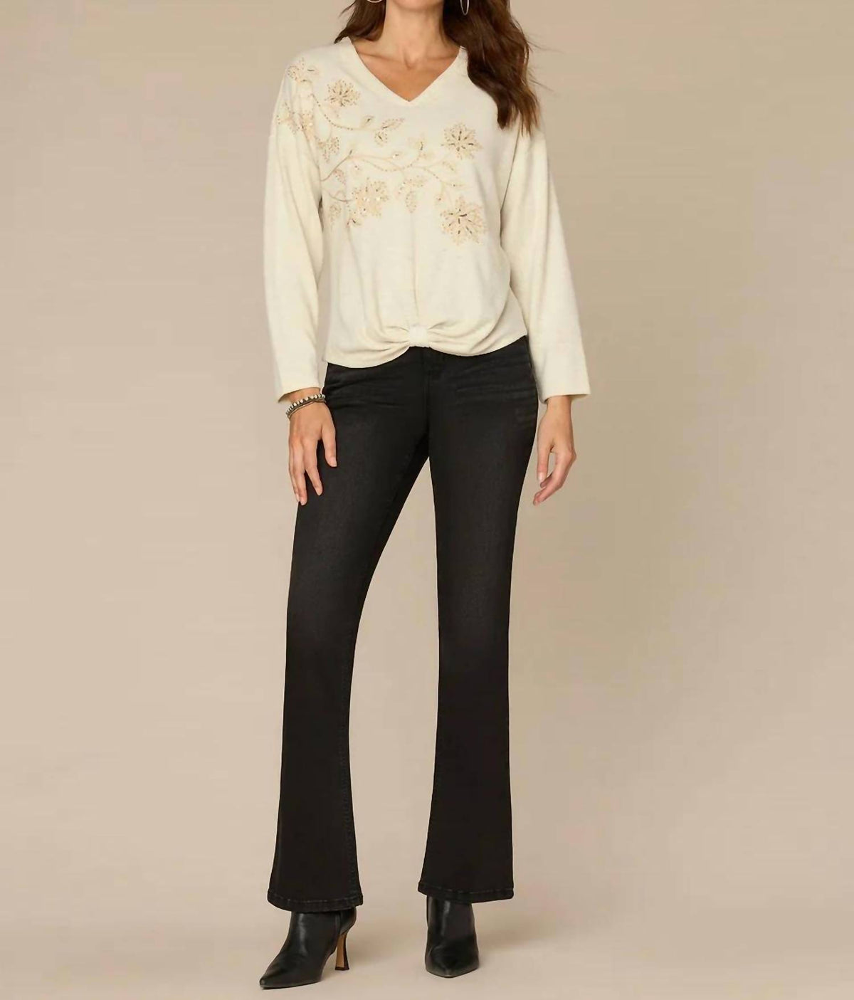 Democracy - Embroidered Floral Knot Knit Top