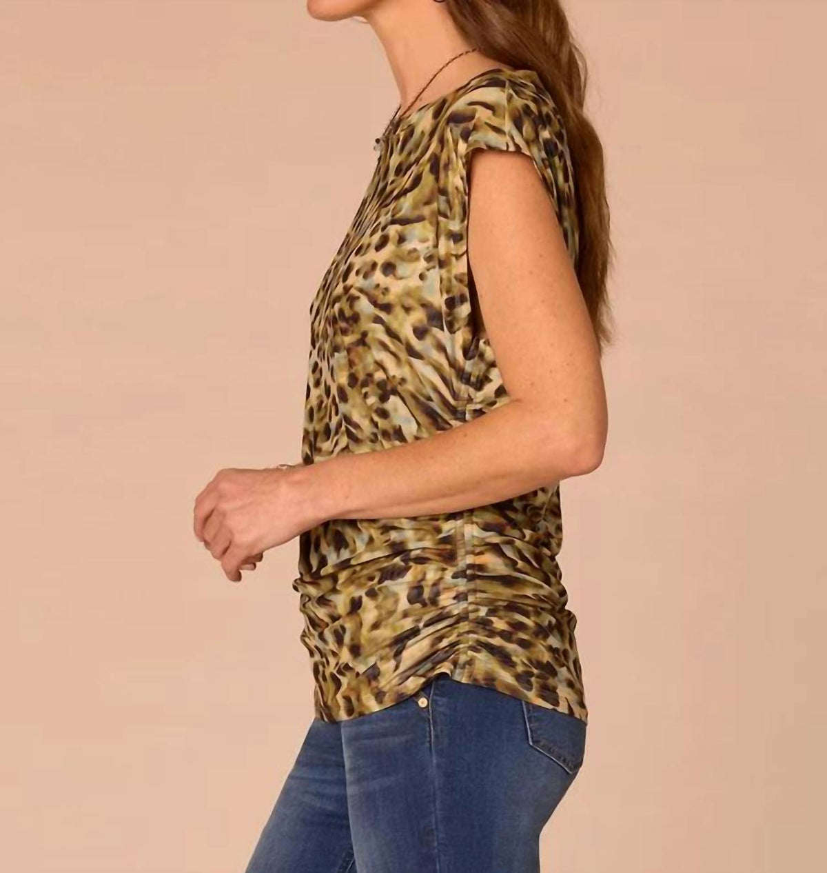 Democracy - Extended Cap Sleeve Side Ruched Printed Knit Top